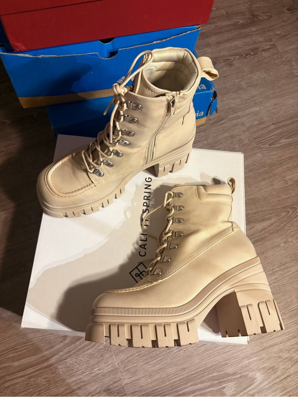 Call It Spring Cream Platform Chunky Lug Lace-up Combat Boots for Women